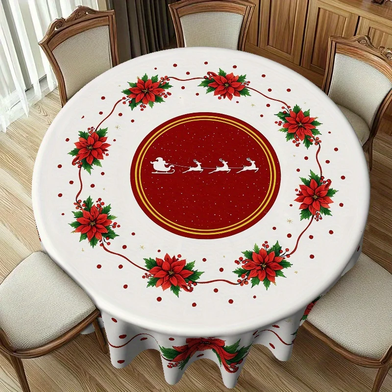Christmas red, red berries, golden stars printed on Christmas round table cloth, polyester, suitable for traditional festivals