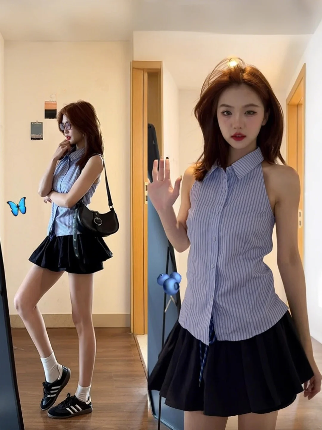 

Summer New Women's Svel Slim Fit Striped irt Purple Stripe Belted French Sle Faionable Trendy Girl Beautiful Top