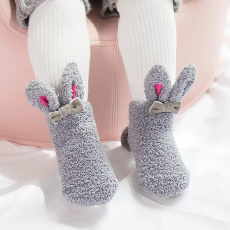 0-12Month Baby Floor Socks New Winter Warm Coral Fleece Newborn Sock Soft Cute Rabbit Infant Socks For Girls Clothes Accessories