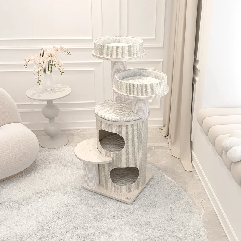 Cozy Cat Tower with Scratching Pad and Two Resting Areas, Durable Plywood & Corduroy Design