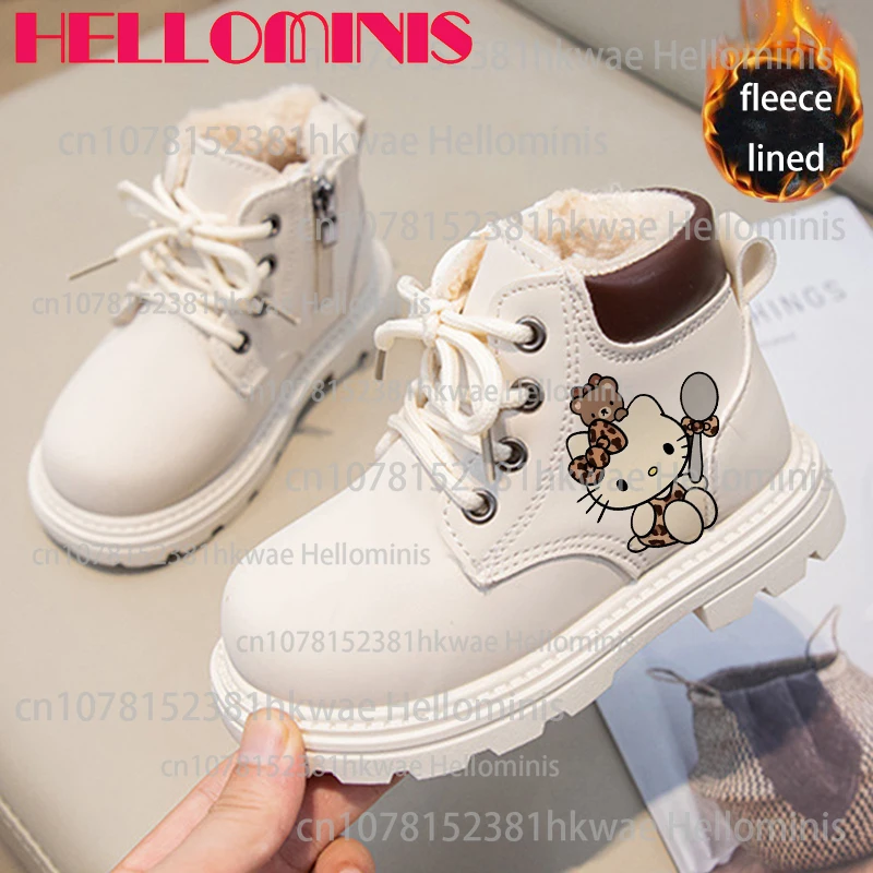 

Зимние высокие сапоги с кожаным чехлом Hello Kitty с леопардовым принтом, плюшевая теплая детская обувь, мини-размер, подарок для мальчиков и девочек
