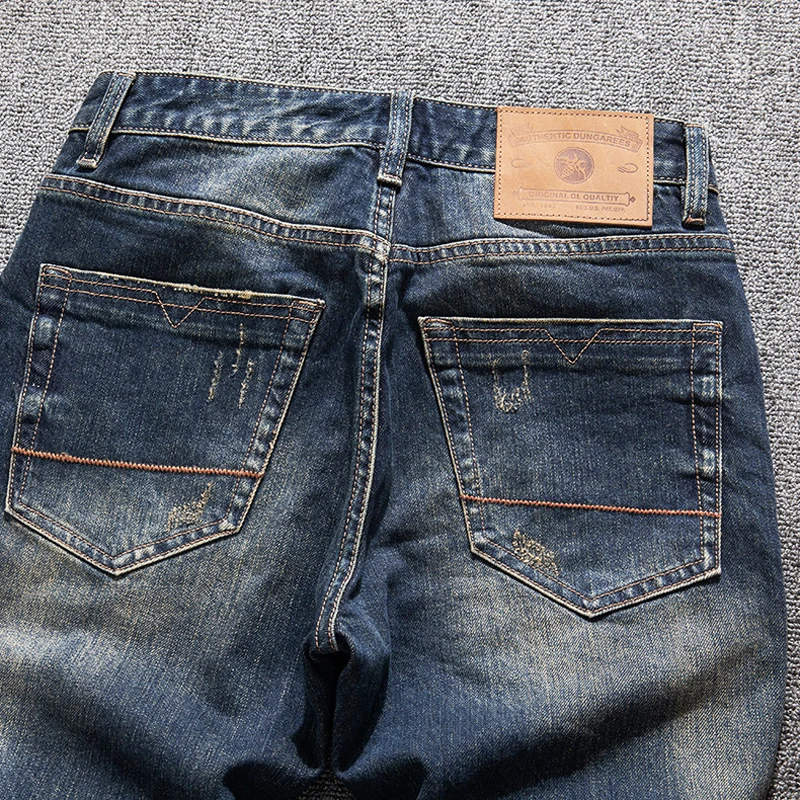 

Fashion designer retro washed blue elastic corrugated jeans men's Italian style retro slim fit jeans hombre