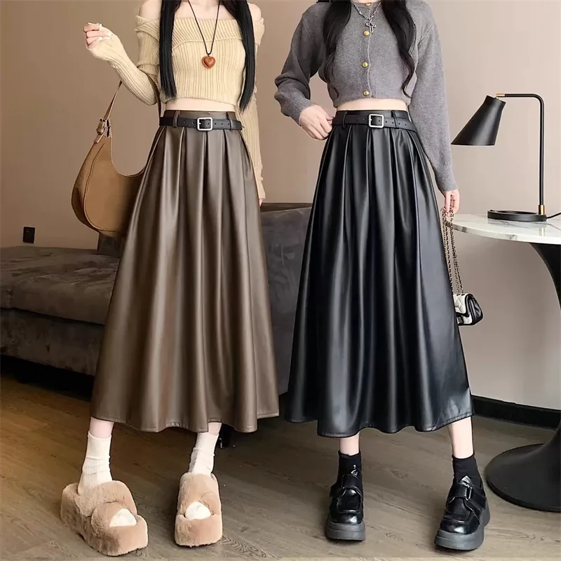 أسود فو بولي Leather جلد المرأة ألف خط التنانير 2026 جديد الخريف الشتاء عالية واسط الصلبة شيك مظلة مكتب التنانير الإناث #5