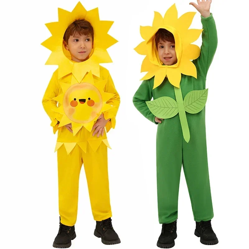 2024 Unisex Child Summer Sun Fancy Dress Up For Purim Carnival Child Sunflower Jumpsuit With Hood Halloween Costume