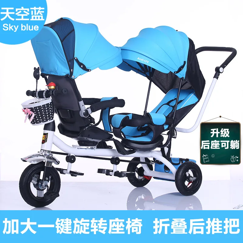 Triciclo para niños, carrito de mano doble, bicicleta para bebé de dos personas, cochecito ligero para bebé