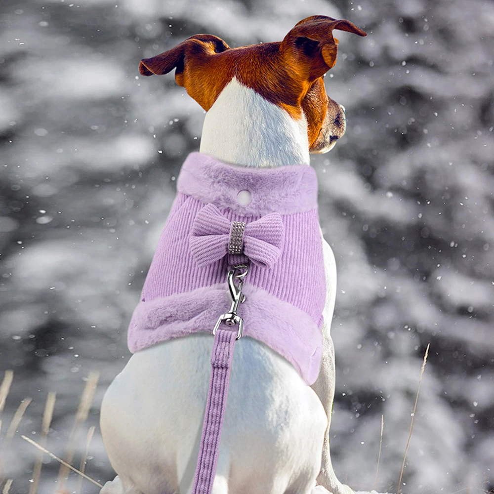 

Winter Warm Dog Harness Leash Set Cute Bowtie Dogs Cat Harnesses Vest Chihuahua Pet Clothing With Fur Collar for Pug Bulldog