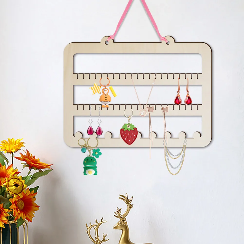 

Wall Mounted Wooden Jewelry Organizer Rack for Earrings Necklaces Bracelets Display Storage Space Saving Decorative Earring