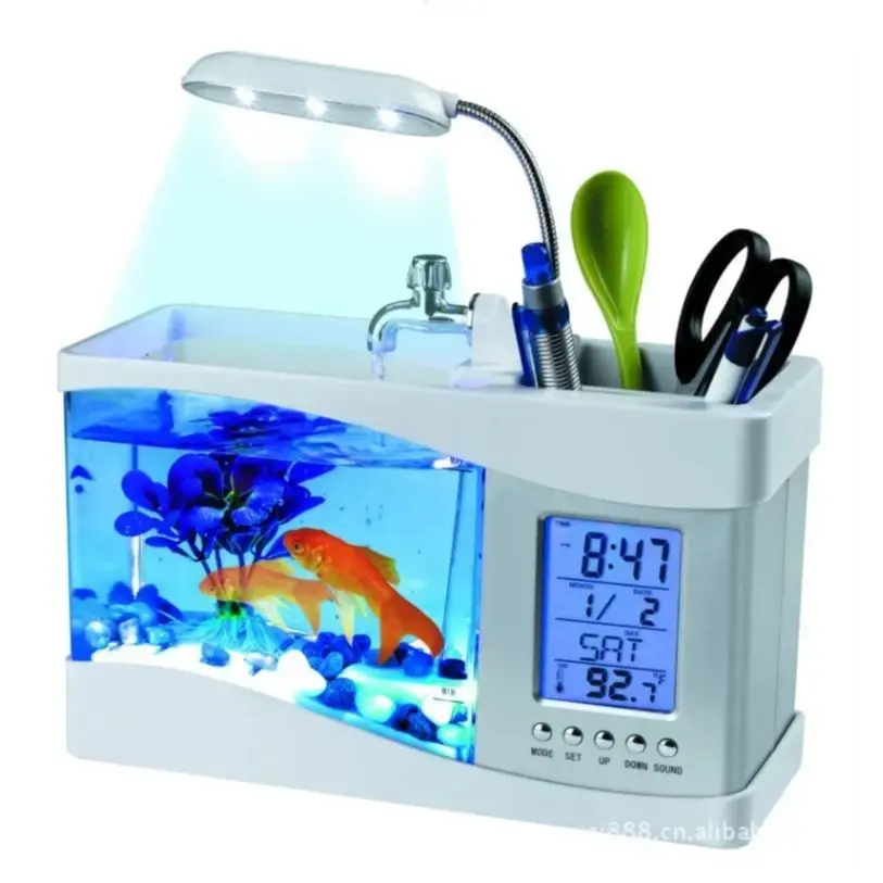 USB Mini Aquarium Fish Tank Aquarium with LED Desk Lamp Light LCD Display Screen Clock Fish Tank Aquarium Ecosystem With Light.7