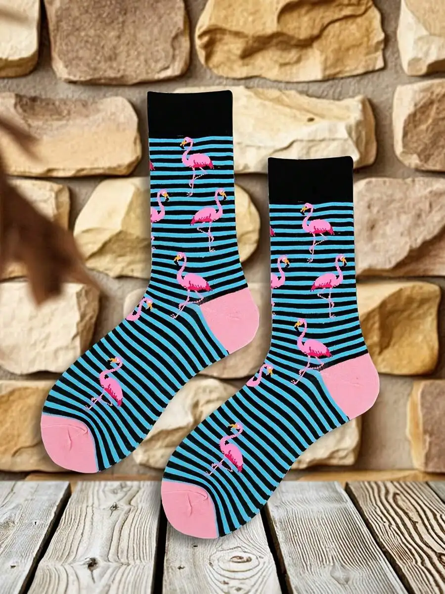 

Mens Flamingo Print Striped Mid-Calf Socks Blue Black Pink Casual Fashion