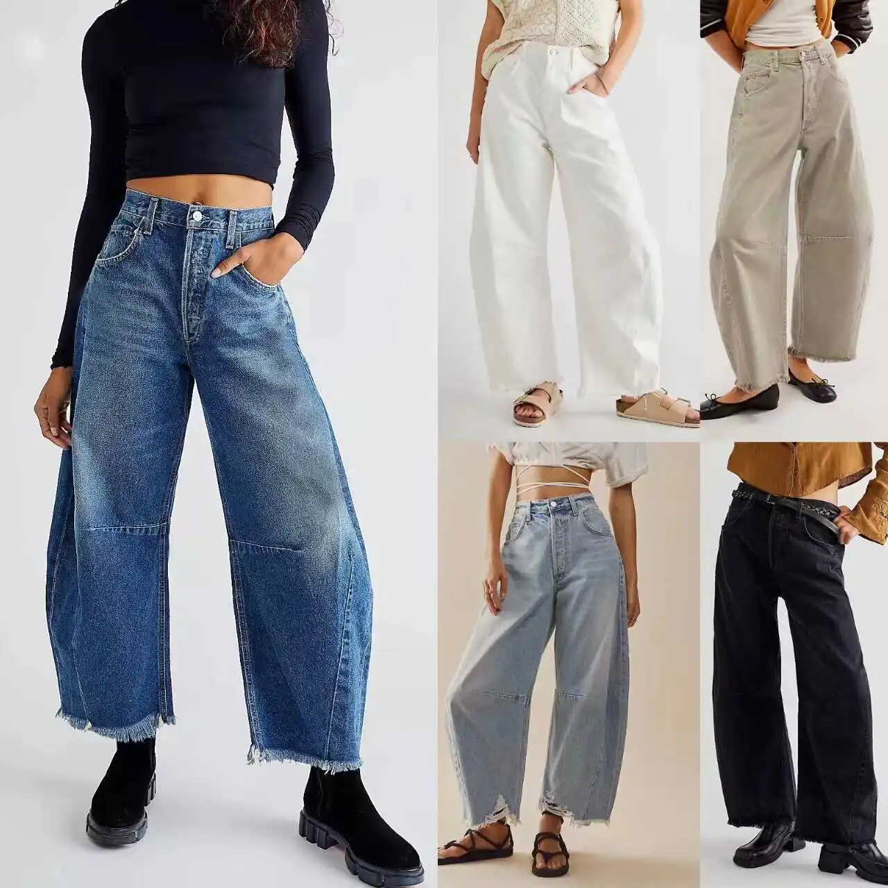 Loose Fitting Wide Leg Jeans Casual Pants High Waist Nine Points Zipper Closure Wear Resistant Denim for Young Women