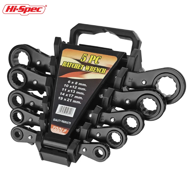 Hi-Spec 5pc Combination Metric Spanner Wrench Set  6-21mm Ratcheting Tooth Gear Ring Torque  Double-head Set for Car Repair