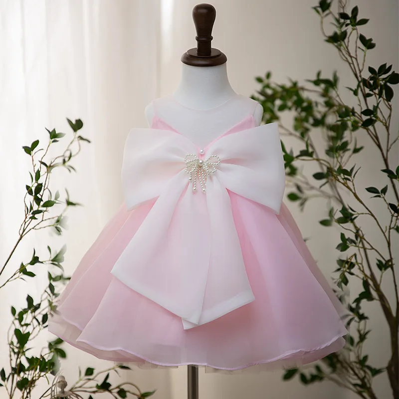 

Baby Kids Princess Tulle Pearls Bow Flower Girl Dress Children First Communion Dress Ball Gown Wedding Party Dress Birthday