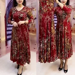 Casual Fashion Floral Printed Long Dress Female Clothing Elegant V-Neck Spring Autumn A-Line Waist Vintage Long Sleeve Dresses