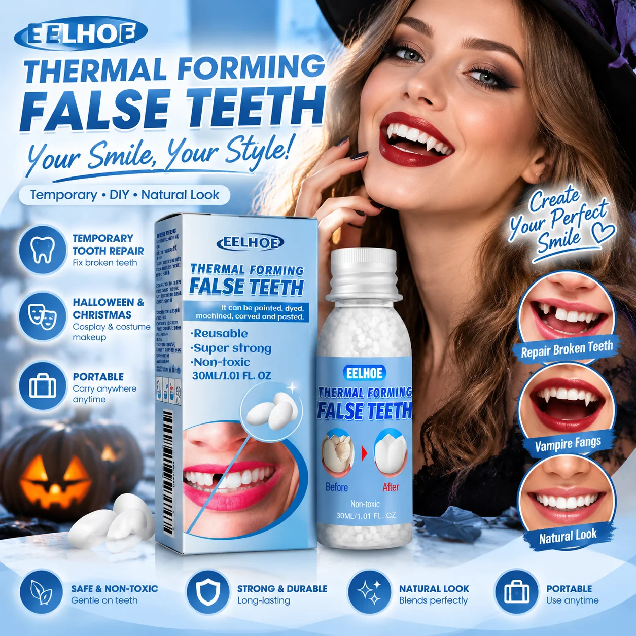 EELHOE Temporary Tooth Repair Kit Adjustable False Teeth Adhesive Oral Dental Hygiene Moldable False Teeth Halloween Makeup 30ml