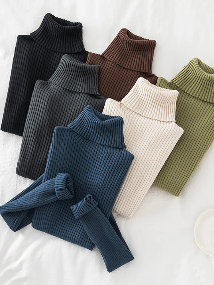 

2024 Warm Thick Autumn Winter Women Sweater Pullover Basic Ribbed Sweaters Cotton Tops Knitted Solid Turtleneck With Thumb Hole