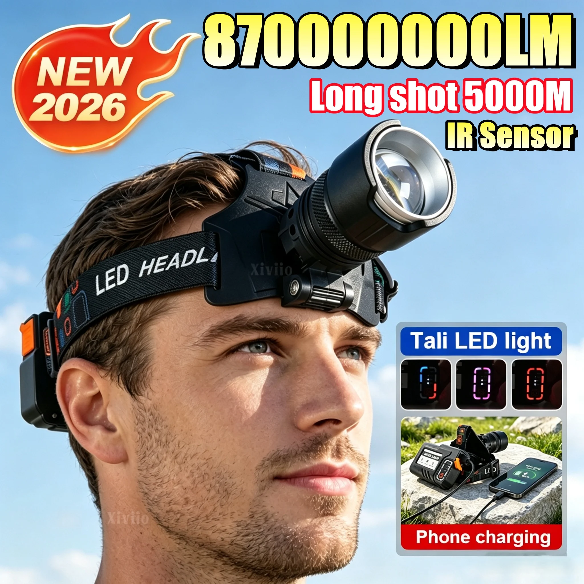 2026 New 870000000LM IR Sensor LED Headlamp 5000M Long Shot Zoomable USB Rechargeable Digital Display Waterproof Head Torch