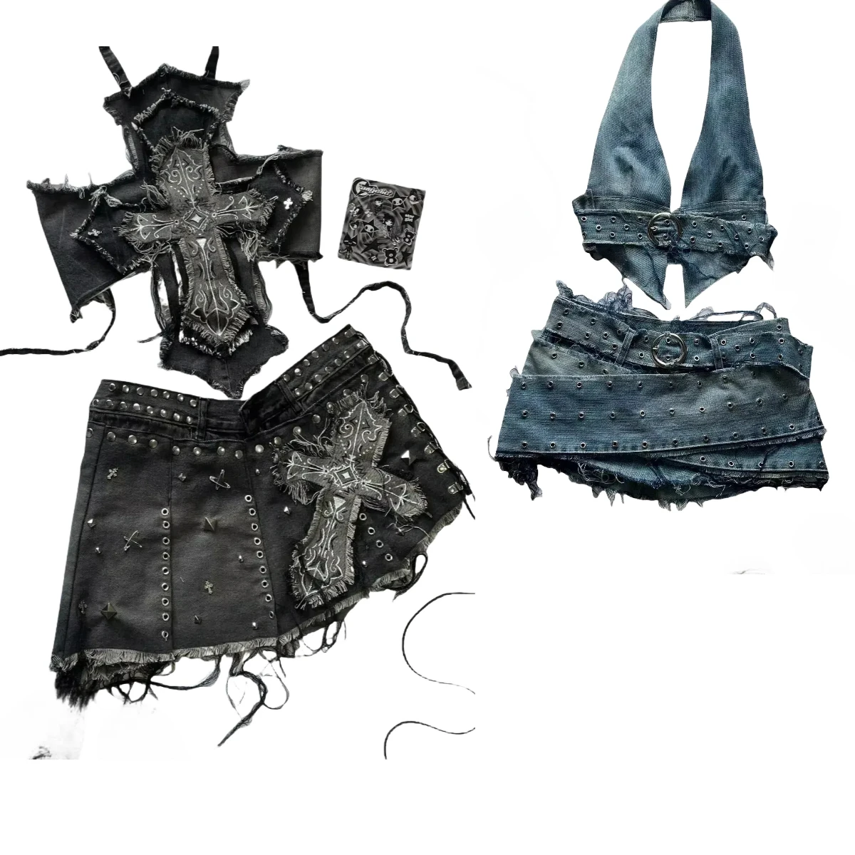 New Harajuku Sling Y2k Two Piece Sets Womens Outfits Gothic Vintage Denim Skirt Sets Sexy Slim Crop Tops Mini Skirt Streetwear