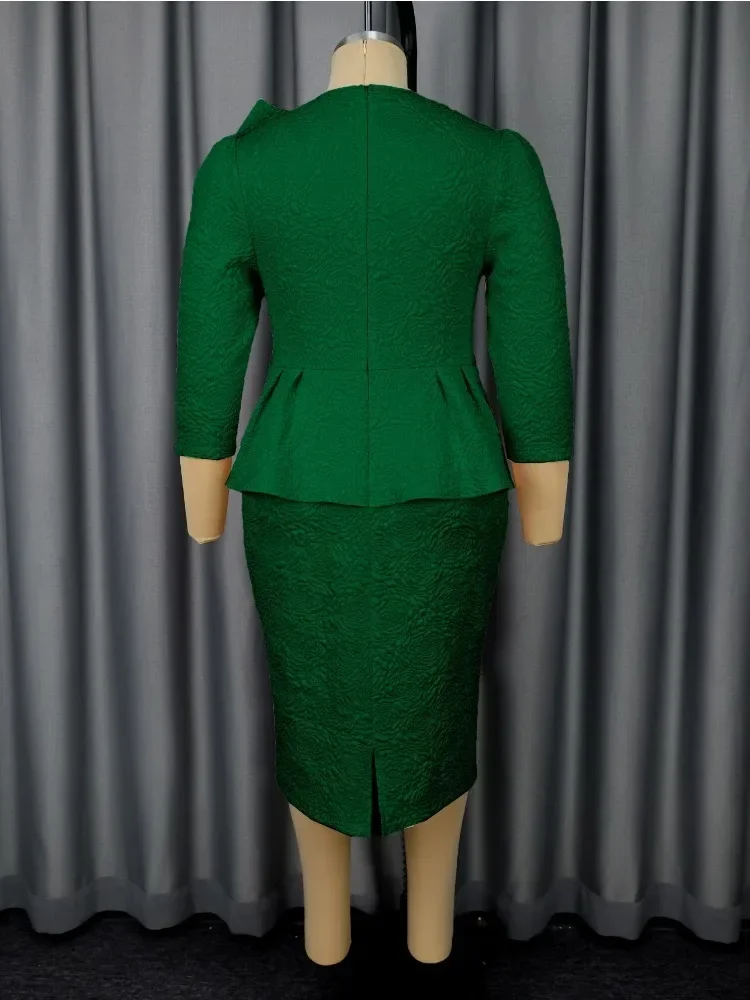 Women's Elegant Jacquard Dress V-Neck 3/4 Sleeve Peplum Belly Cover Bow Hip Slit Classy Evening Party Wedding Guest Gown