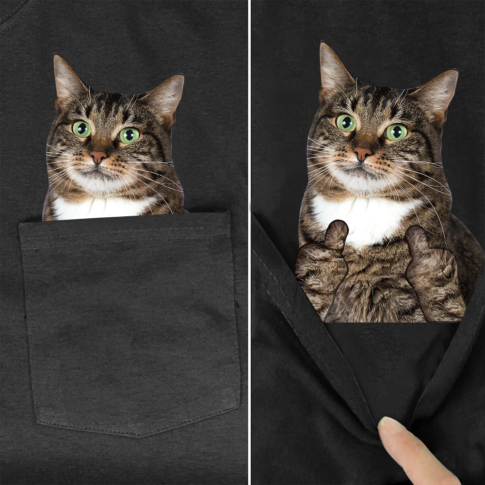 CLOOCL Tabby Cats T-Shirt Animals Kitten Double Middle Fingers Pocket Tees Cotton Short Sleeve Shirts Men Clothing Dropshipping