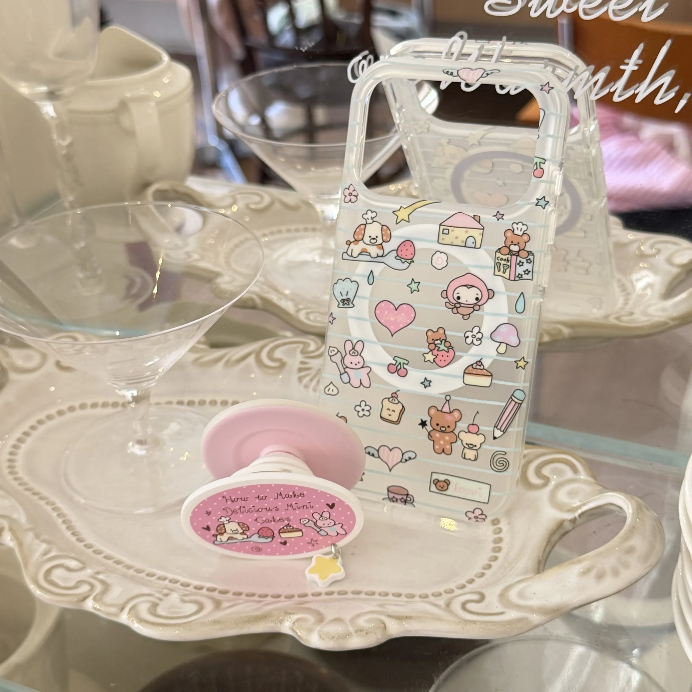 Cute Bakery Animal Sticker Print Clear Phone Case With Oval Pink Pop Socket Stand Shockproof Cover For iPhone 17 16 15 Pro Max