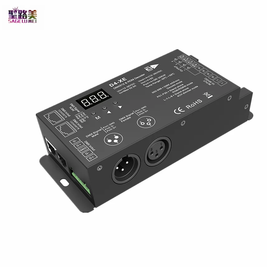 4CH D4-XE DMX Decoder Controller PWM Flicker Free Smooth Dimming 12V-36V Digital Display 2000Hz 500HZ for RGB LED Lights 8A/CH