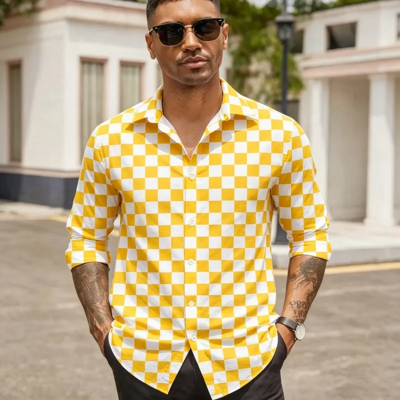 Men's Casual Black White Checkerboard Print Long Sleeve Button Down Shirt Slim Fit Fashion Chessboard Pattern Dress Shirts Str