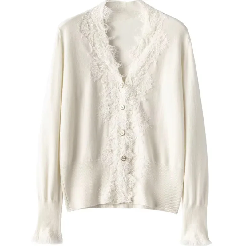 Tcyeek Elegant Women Sweater 100% Cashmere Autumn Winter Cardigan Lace V-Neck England Soft Knit Inside Join Long Sleeved Thread