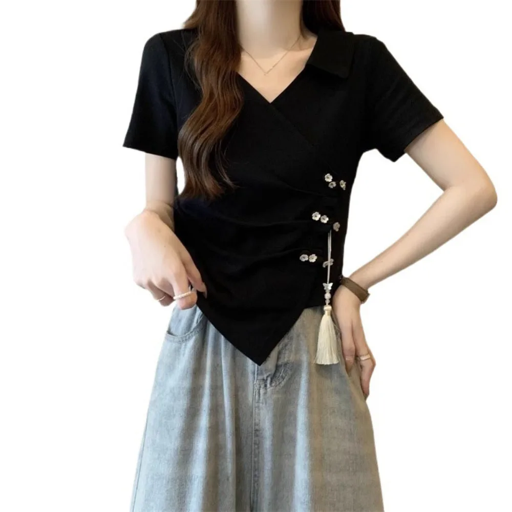 

Tassel Pendant Irregular V-neck T-shirt Flower Button Lapel Women's Slim Crop Tops Female Summer Tops Chinese Style