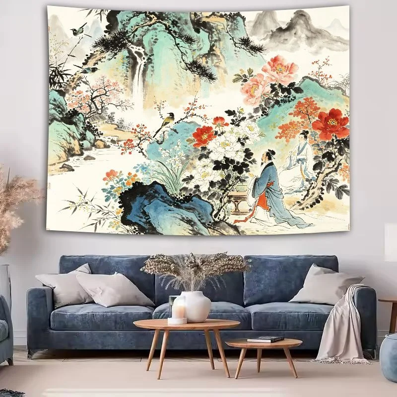 VIKAMA Chinese Ink Painting Tapestry Wall Hanging, Non-Fading Print, Wall Art for Living Room Bedroom Office Study Room Decor