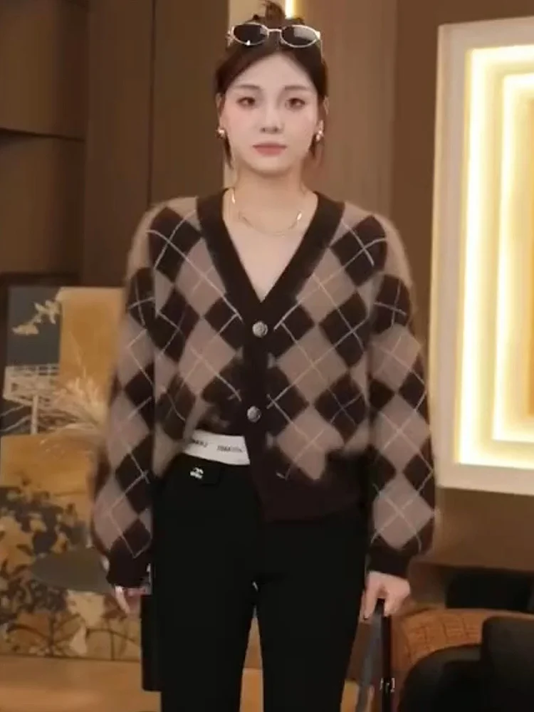 

Autumn Winter Loose Knitted Sweater Soft Comfortable Casual Beautiful Diamond Pattern Open Cardigan Women's Faion Top