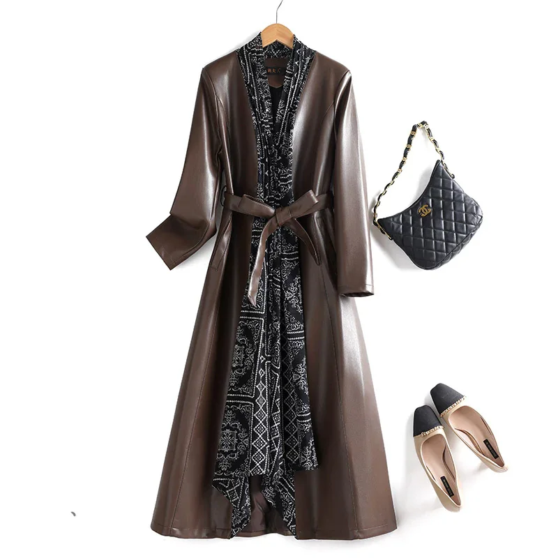 New Women Patchwork Long Split Leather Coat Spring Autumn Fashion V-Neck Long Sleeve Lace-up Slim Coat Casual Daily Leather Coat