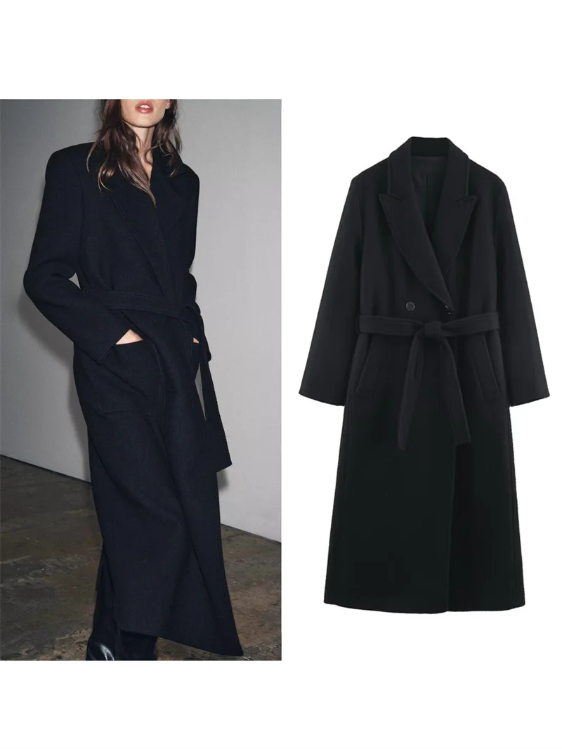 

Осень 2024, новая женская мода, стильное и универсальное, с зубчатым воротником и поясом, элегантное и изысканное длинное пальто из смеси шерсти