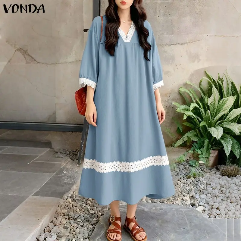 VONDA 여성 우아한 롱 셔츠 드레스 v 넥 레이스 패치 워크 미디 sundress 패션 캐주얼 루즈 3/4 슬리브 파티 가운 여성