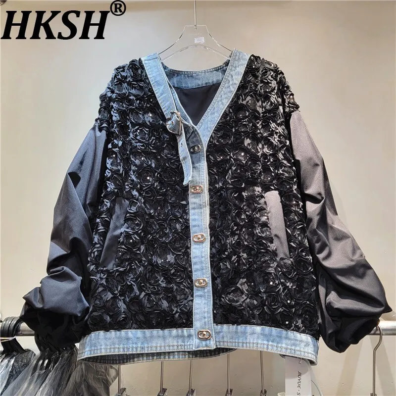 

HKSH Spring Autumn New Women Jacket Denim Patchwork 3D Flower Contrast Color V-Neck Single Breasted Streetwear Chic Coat HK12010