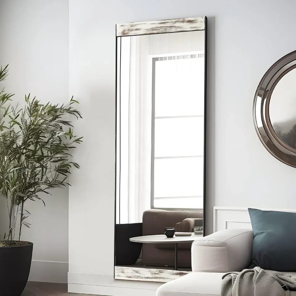 مرآة أرضية كبيرة مستطيلية لغرفة النوم ، مرآة خلع الملابس ، مثبتة على الحائط ، قشرة خشب الصنوبر ، بيضاء