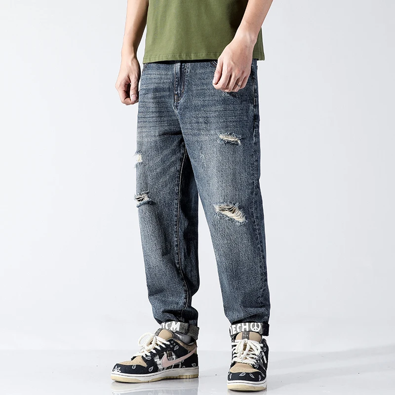 

Nice Spring Summer Brand Ripped Tapered Jeans High Street Hip-hop Trend Men's Straight Loose Nine-point Pants Harem Pants