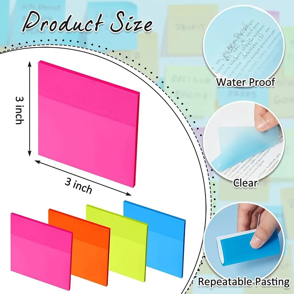 50 Sheets PET Transparent Sticky Note Pads Multicolor Waterproof Memo Notes Self-adhesive Sticky Note for School Office Family