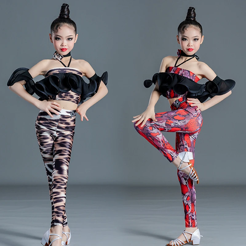 Halter Neck Ruffles Latin Top Pants For Girls Latin Dance Costume Leopard Suit Kids Ballroom Competition Dancing Clothes SL6405