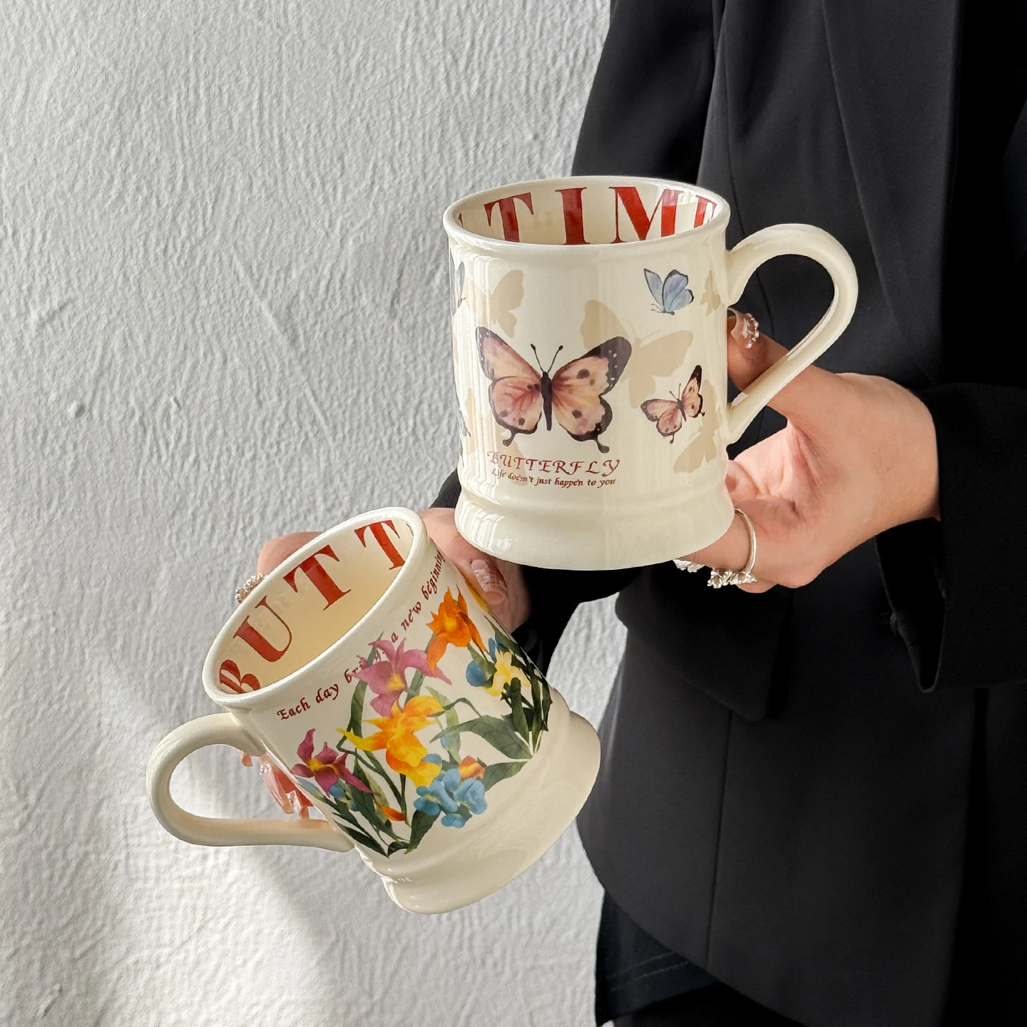 350ml Ceramic Mug High Beauty Letter Butterfly Print Pattern Design Mugs Home Party Birthday Gift Cup with Spoon