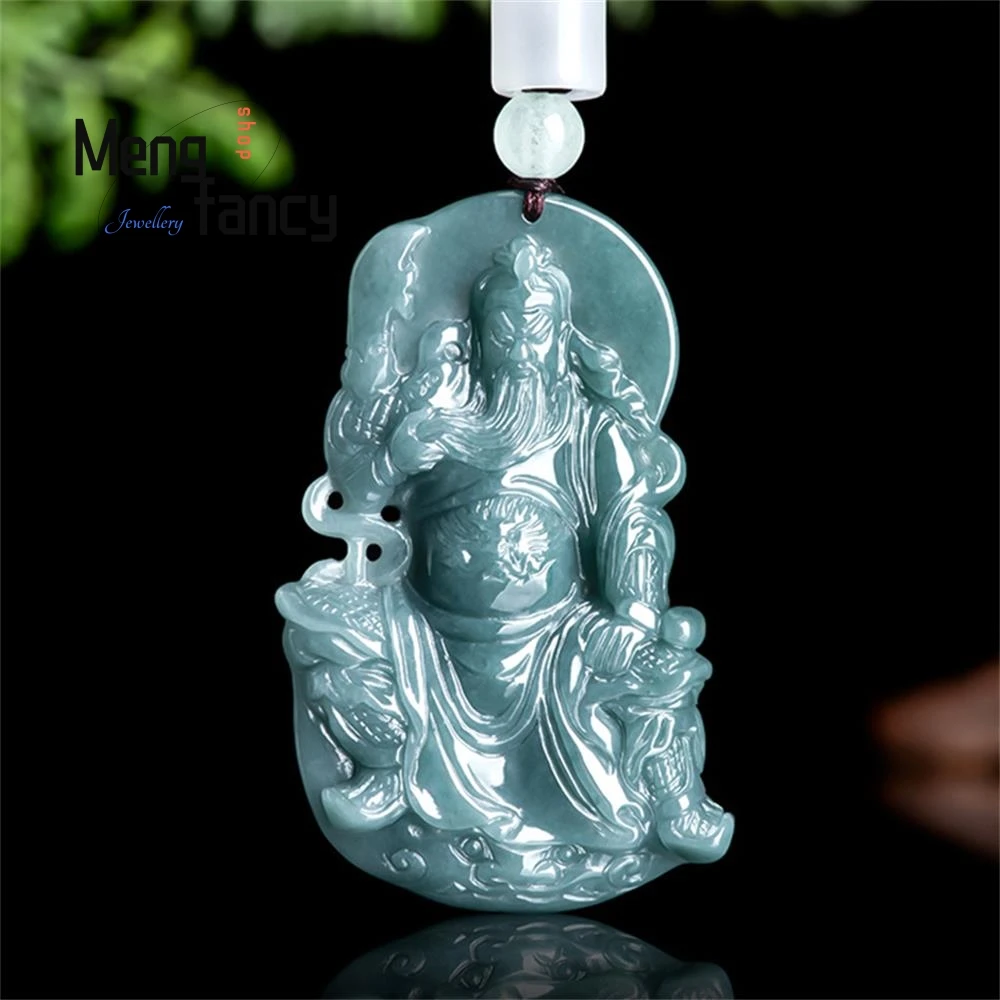 Natural A-goods Jadeite Blue Water Guan Gong Wu God Of Fortune Glutinous Seed Jade Pendant High-grade Fashion Jewelry Mascots