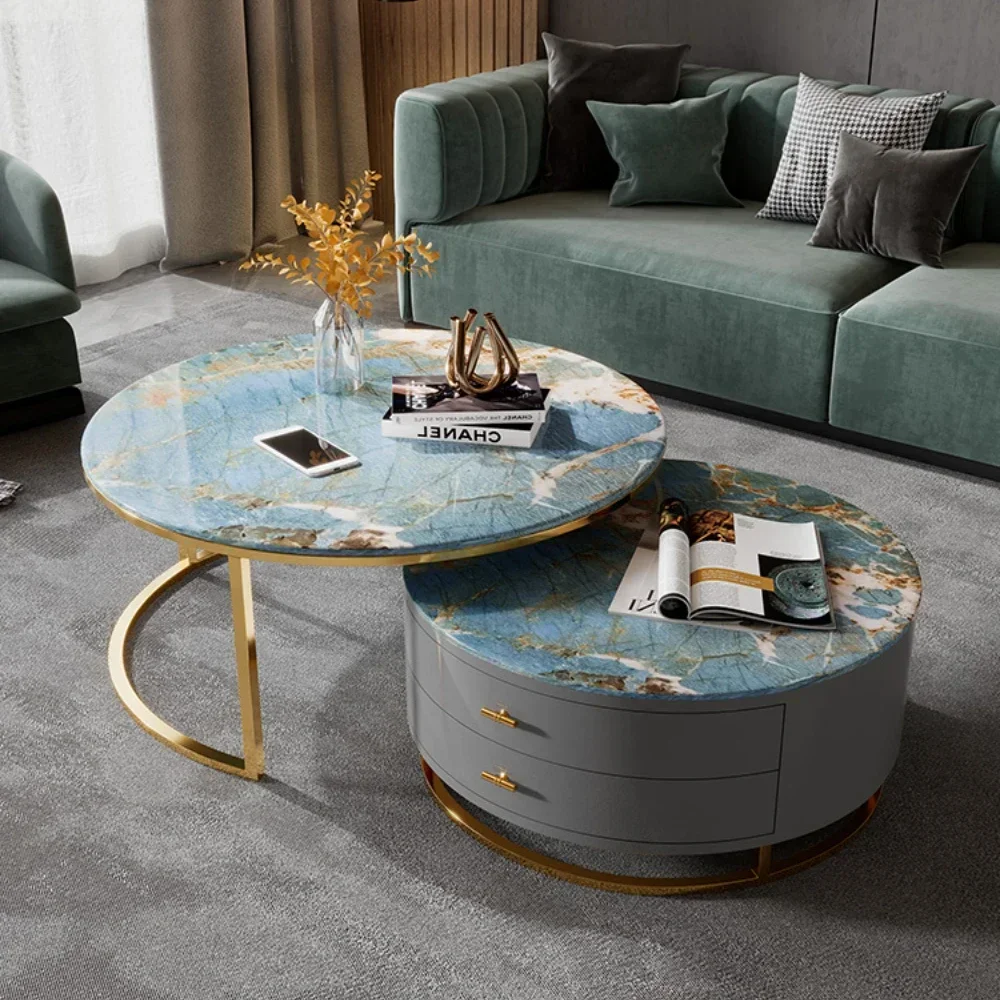 

Light Luxury Stone Plate Coffee Table Glass round Tea Table Retractable Living Room Home Simple Modern