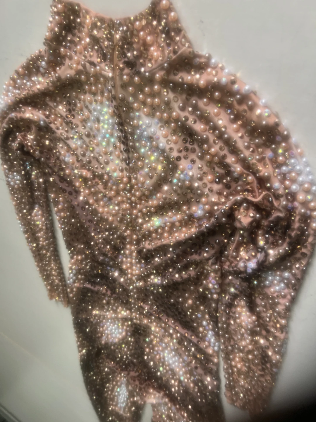 Shining Pearl Nude Sexy Men Jumpsuit Long Sleeves Rhinestones Costume Outfit Evening Celebrate Coatume Birthday Dance Wear