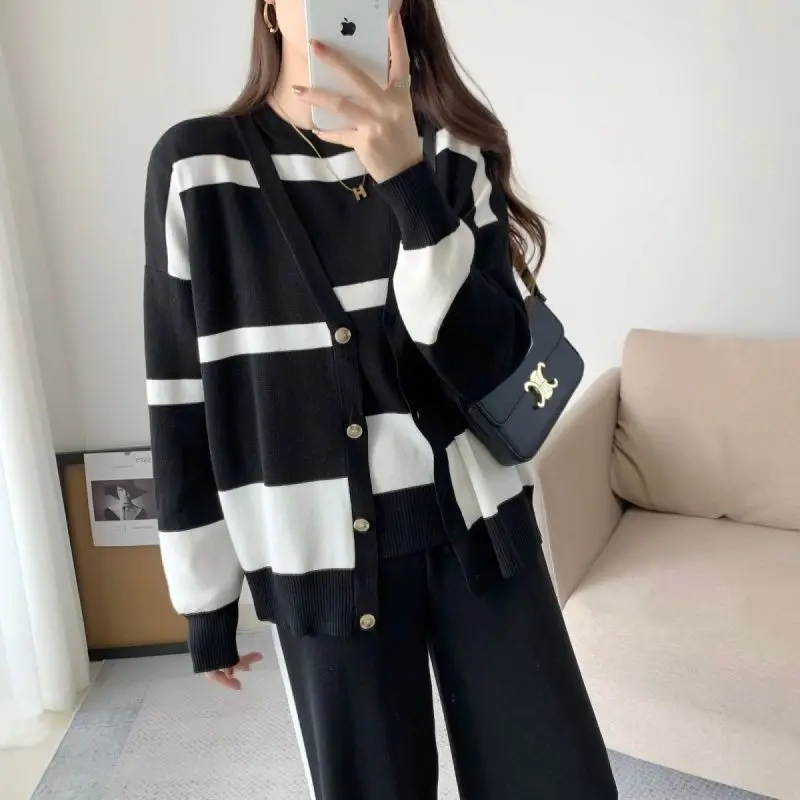 Korean Spring and Autumn Stripe Knitted Three Piece Suit Loose Cardigan Top Fashion Splicing Slim Wide Leg Pants Set for Women