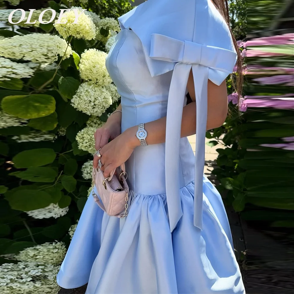 

OLOEY Modern Blue Short Prom Cocktail Dresses With Jacket Pleat Satin Bow Customized Party Gown Above Knee فستان بيكو