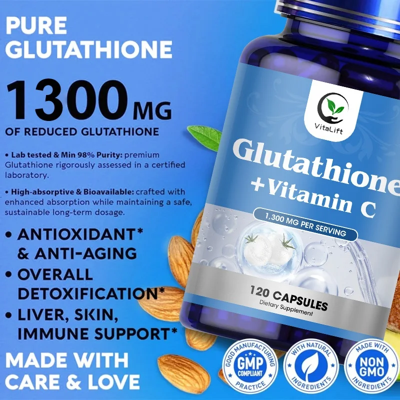 Glutathione Softgels Max Absorption Active Form L-Glutathione Reduced (GSH) with Vitamin C for Detox Anti-Aging Whitening Skin