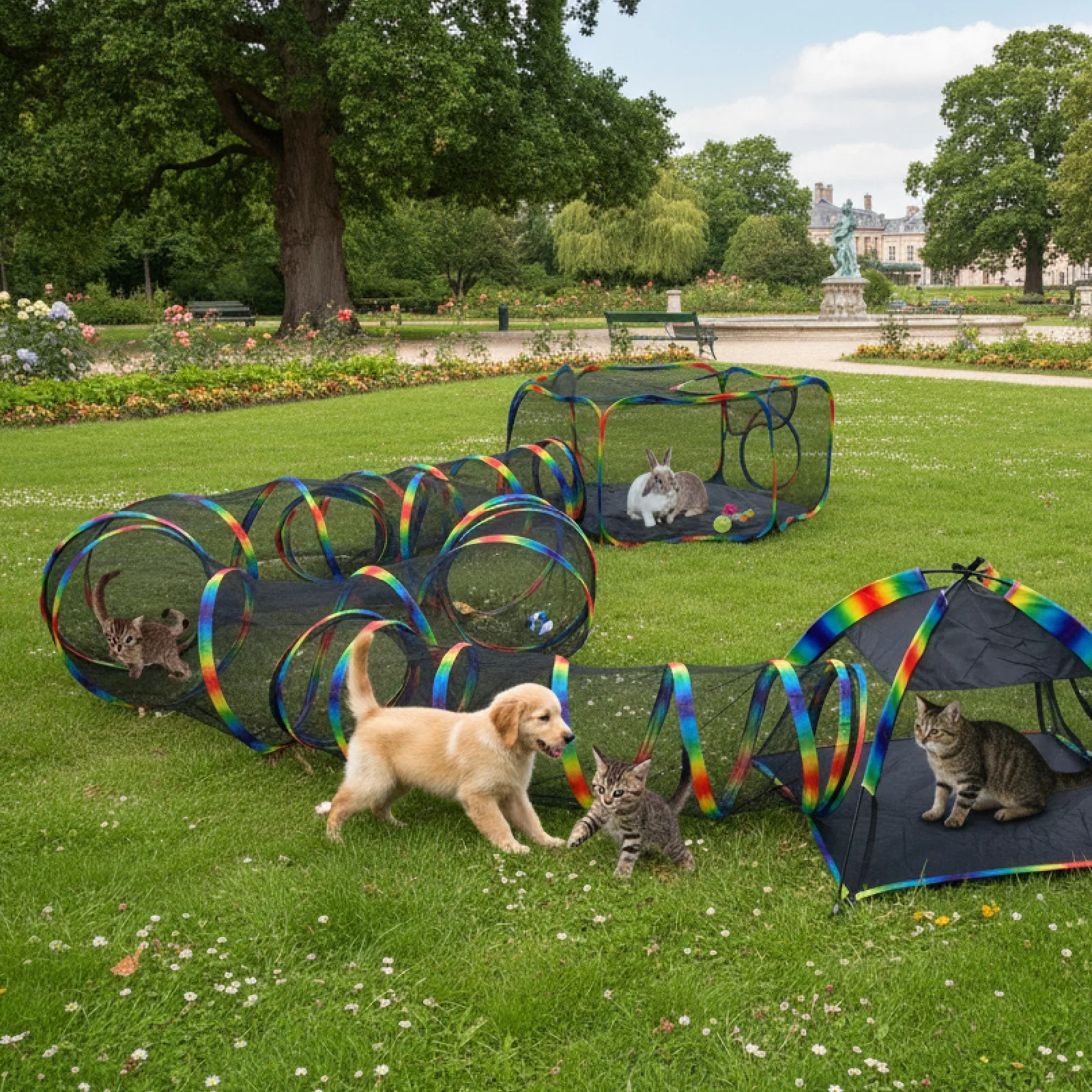 

Портативный уличный игровой домик-туннель Rainbow Cat Enclosure из сетки для нескольких мелких животных (для использования в помещении/на улице)
