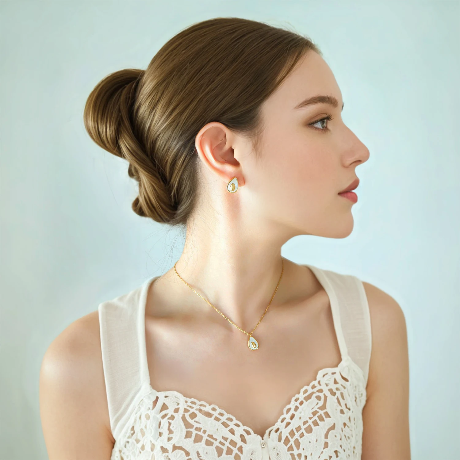 Sweet Avocado Necklace & Stud Earrings for Women - Hypoallergenic Stainless Steel with Shell Jewelry, Cute Gift for Daily Wear