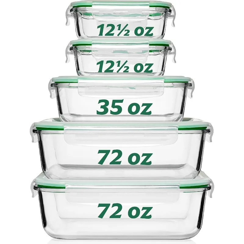 Large Glass Food Storage Containers with Lids [5 Pack, 72 oz, 9 Cup], Airtight, Leakproof, Microwave and Oven