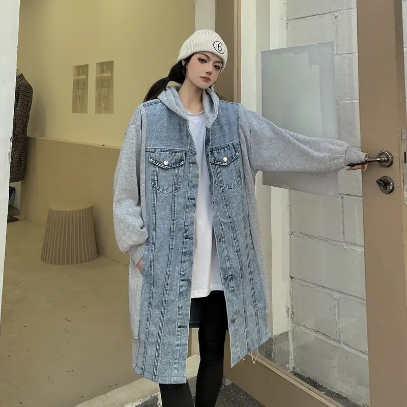 Lamb Wool Denim Spliced Windbreak Women's Mid Length Style Winter New High School Student Plush Thickened Parker Cotton Coat