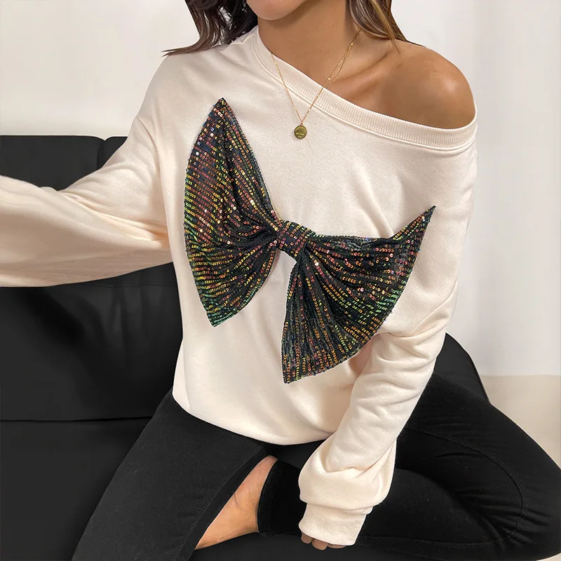 Women Pullover Fashion Round Neck Long Sleeve Sweatshirt Sequin Bow Decor 2025 Autumn Female Clothes